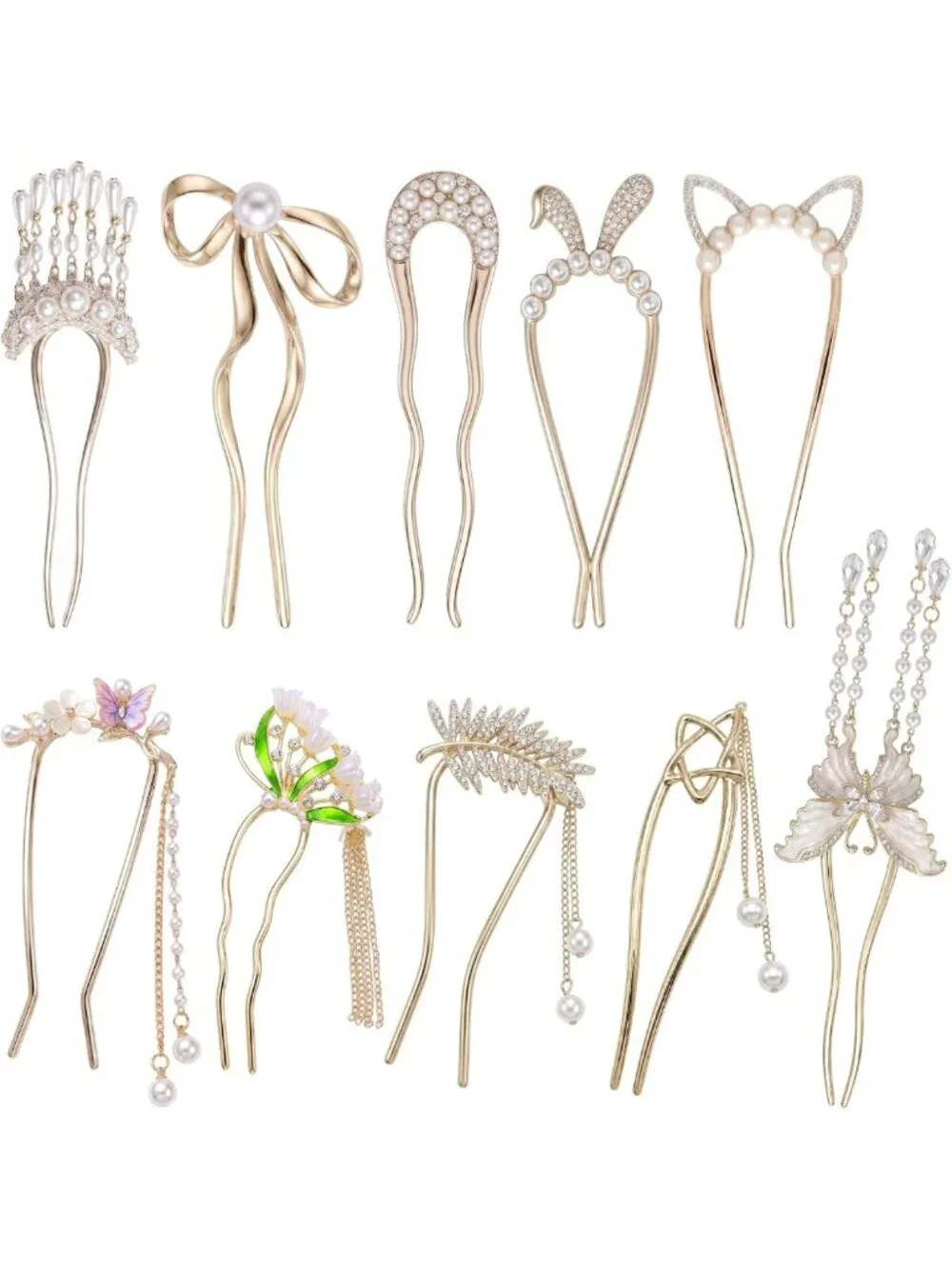 10 Retro Flower Butterfly Gold Hair Fork Pins with Pearl Tassels - Decorative